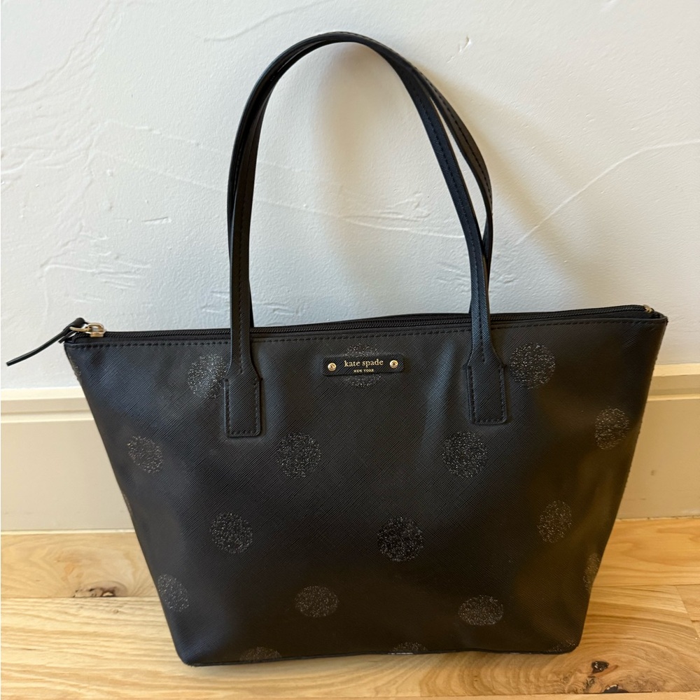 Kate Spade New York Hani Haven Lane Black Glitter Dots Tote Zip Purse 11"x9"x5"